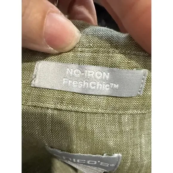 Chicos Fresh Chic Linen Shirt No Iron Women 3/XL Heathered Green Collared Button - Picture 10 of 11